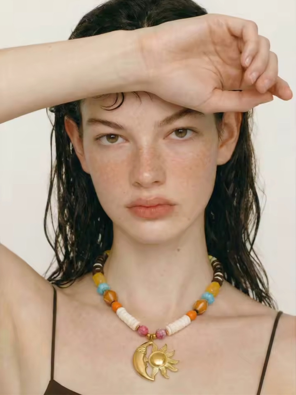Celestial Sun Moon Gold Beaded Necklace - Picture 3 of 17